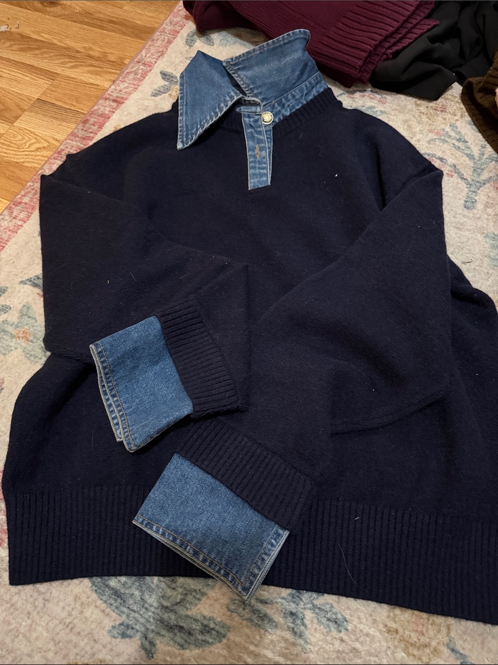 Navy Knit Sweater with Denim Trim